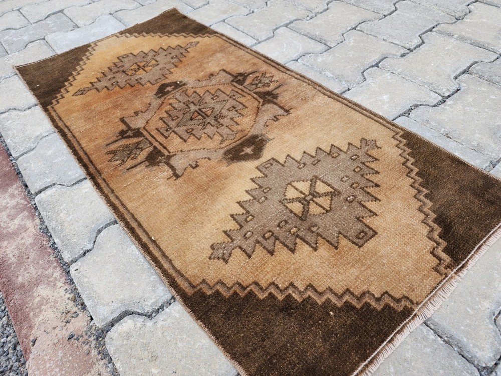 Vintage Hand-Knotted Red Wool Turkish Rug Bath Doormat 1.5x3.1 Feet Low Pile