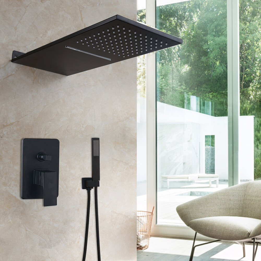 Black Bathroom Shower Faucet Set Rectangle Rain Shower Hand Hand Spray Mixer Tap