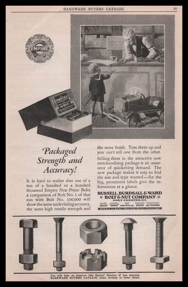 1928 Russell Burdsall Ward Port Chester NY Empire Bolts Boy Pedal Car Print Ad