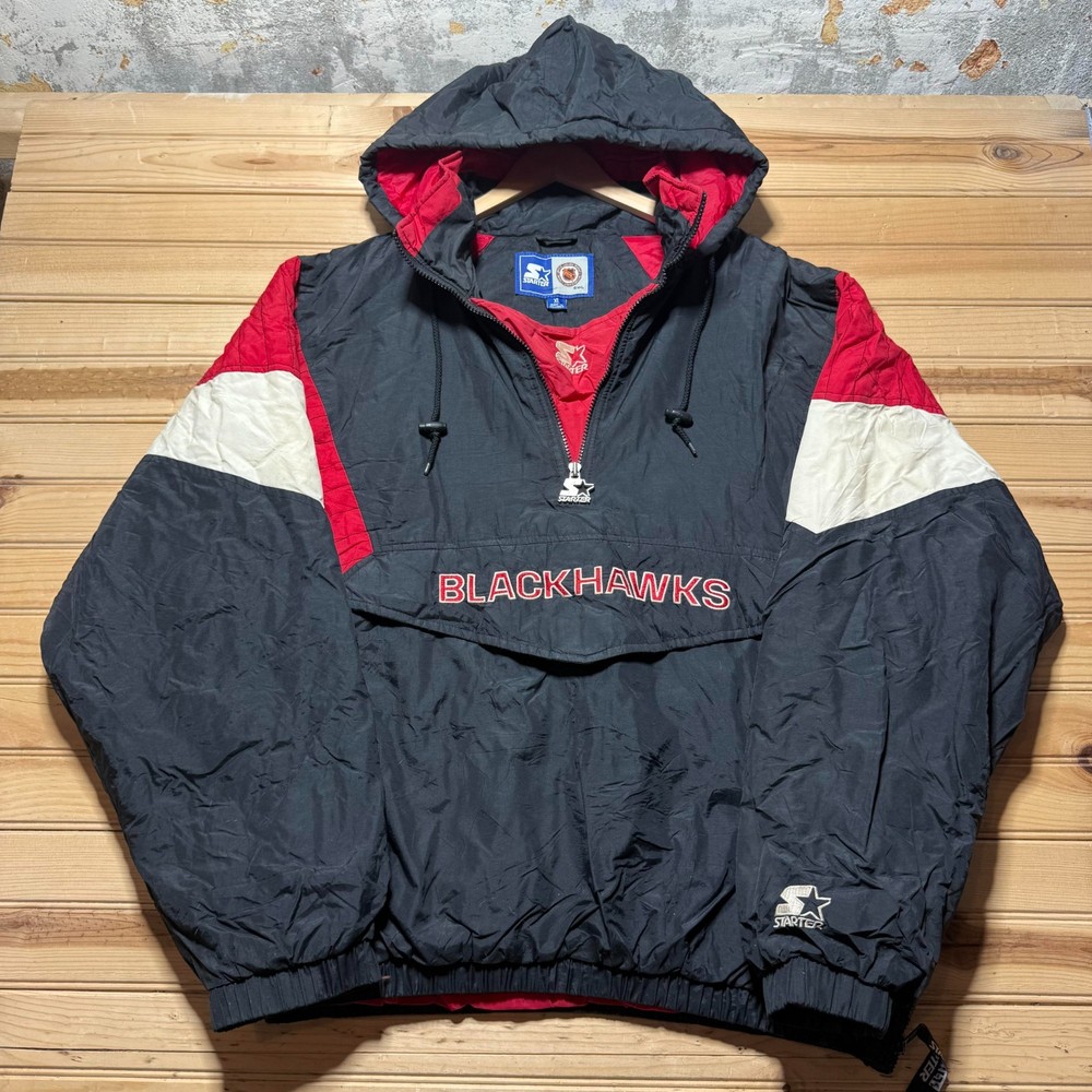 Vintage 90s Chicago Blackhawks NHL Embroidered Half Zip Hooded Anorak Jacket XL