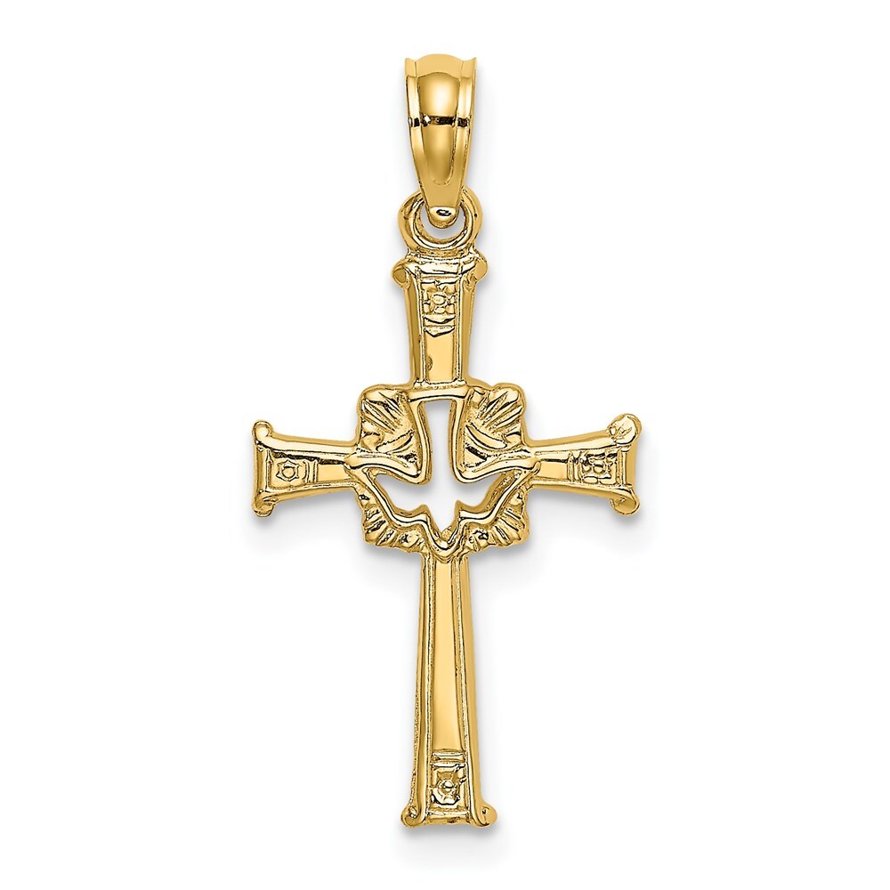 14K Yellow Gold Engraved Cross and Dove Charm Pendant 0.67g 19.2mm