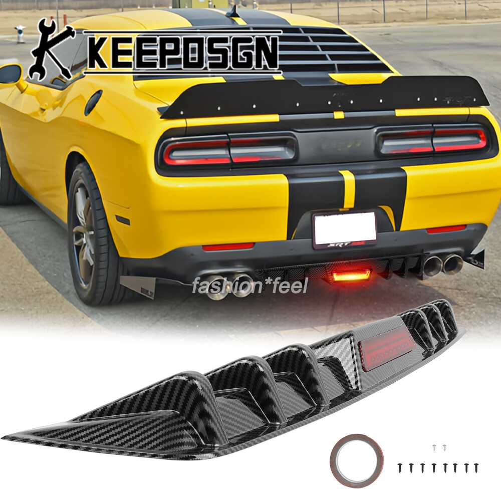 For Dodge Challenger Rear Bumper Diffuser Splitter LED Brake Light Carbon Fiber