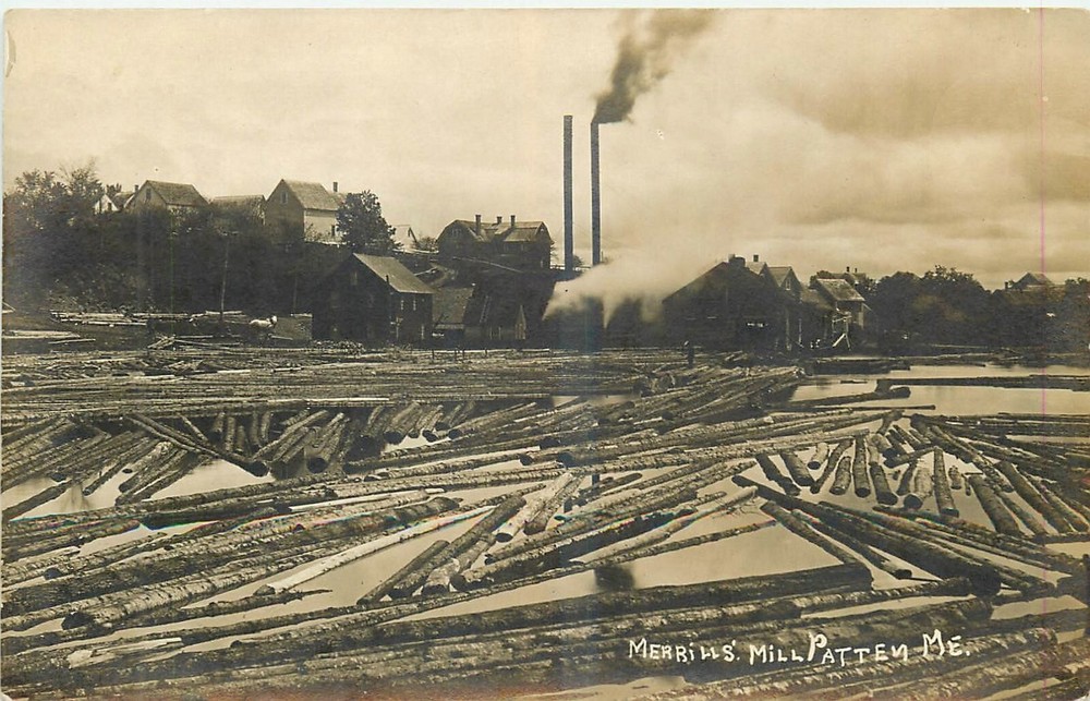 c1910 Patten Maine Lumber Sawmill occupation  logging Postcard RPPC 25-885