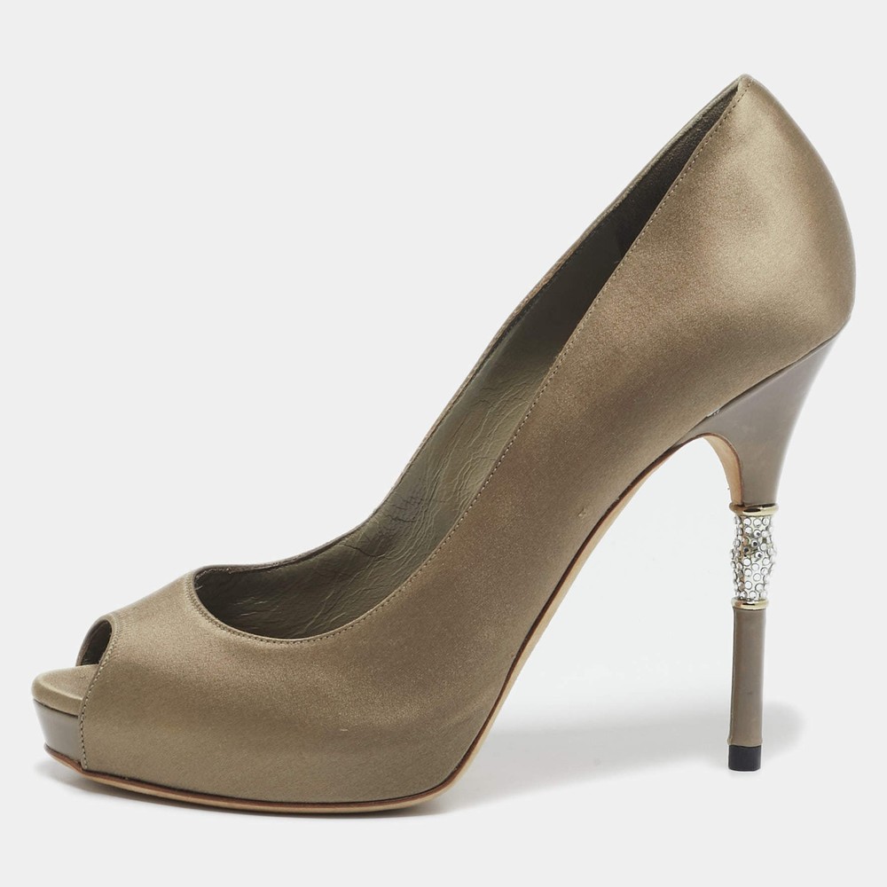 Gucci Grey Satin Horsebit Crystal Embellished Peep Toe Pumps Size 36