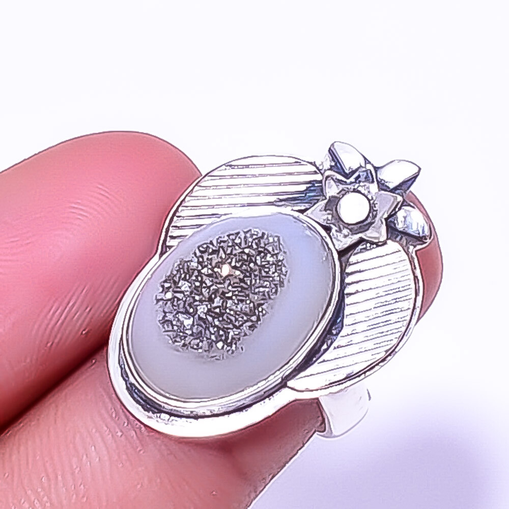 Titanium Carbon Agate Drusy Designer 925 Sterling Silver Ring Adjustable (R46)