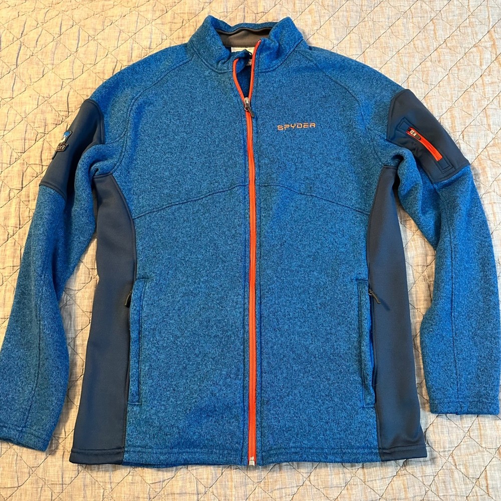 Spyder Mens Blue Full Zip Sweater Fleece Jacket Orange Trim 205025 Large