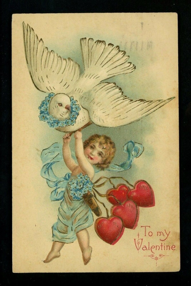 Valentine's Day embossed postcard with cupid angel dove and hearts