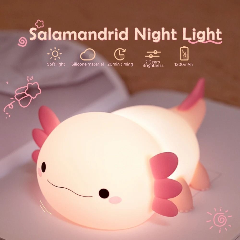 Adorable Axolotl Night Light -  Touch Control, 7 Colors, Soft Silicone Lamp