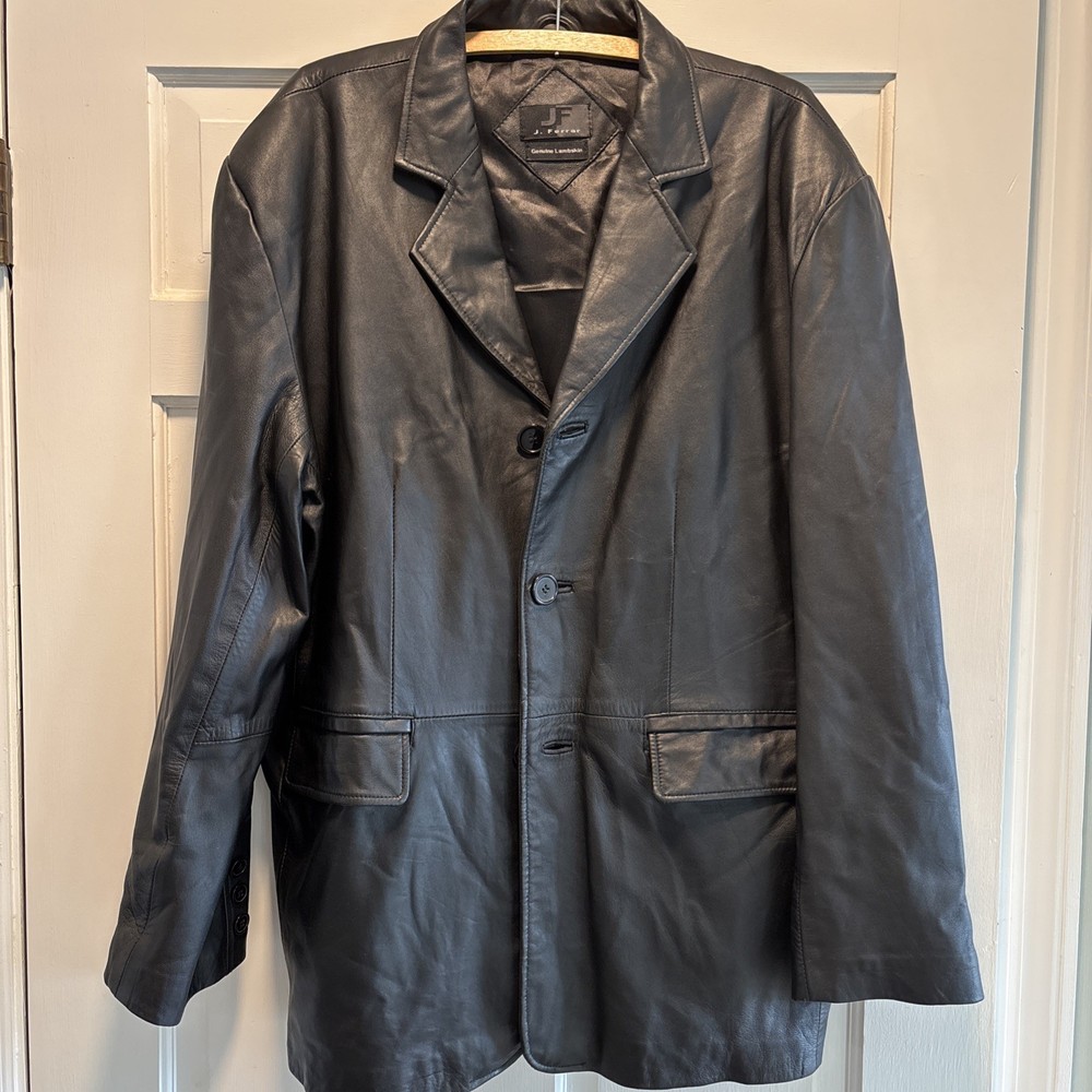 J. FERRAR Genuine Lambskin soft Leather 3 button blazer jacket black Size L NICE
