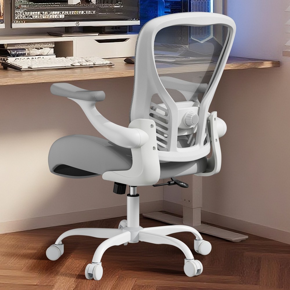 Leather Seat Mesh Back Computer Chair with 3D Flip Up Armrests Ergonomic