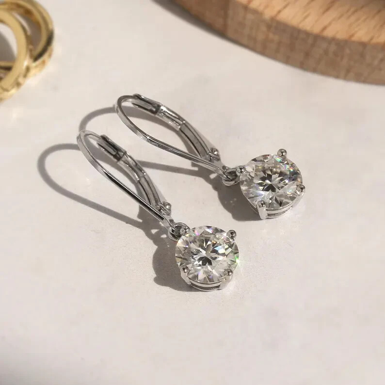 3Ct Round Moissanite Leverback Earrings in 14K White Gold Plated Gift