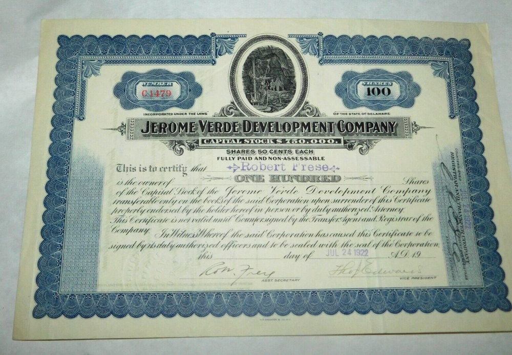 1922 Jerome Verde Development Capital Stock Certificate