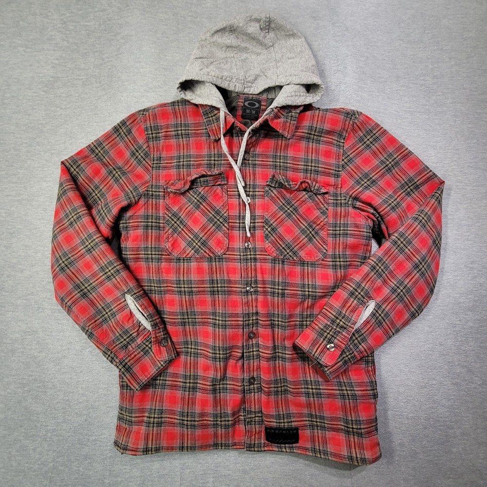Oakley Flannel Shacket Men Medium Red Plaid Hooded Drawstring Quilt Lined Shirt