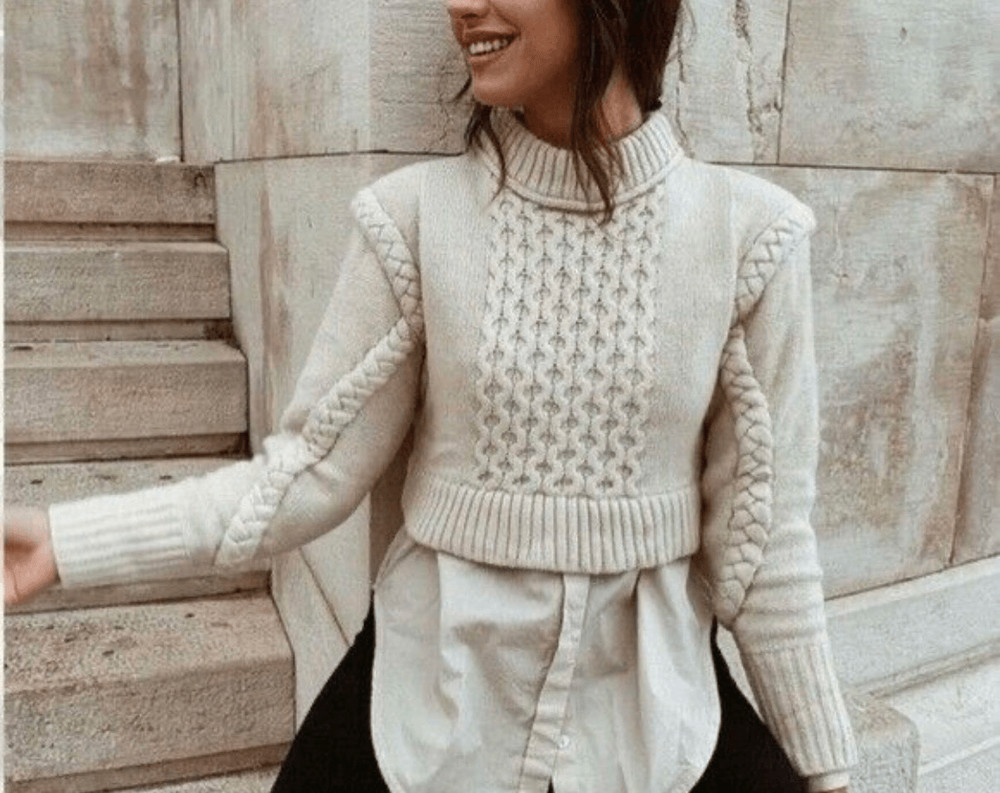 Zara Ecru wool blend shoulder pad crop sweater small