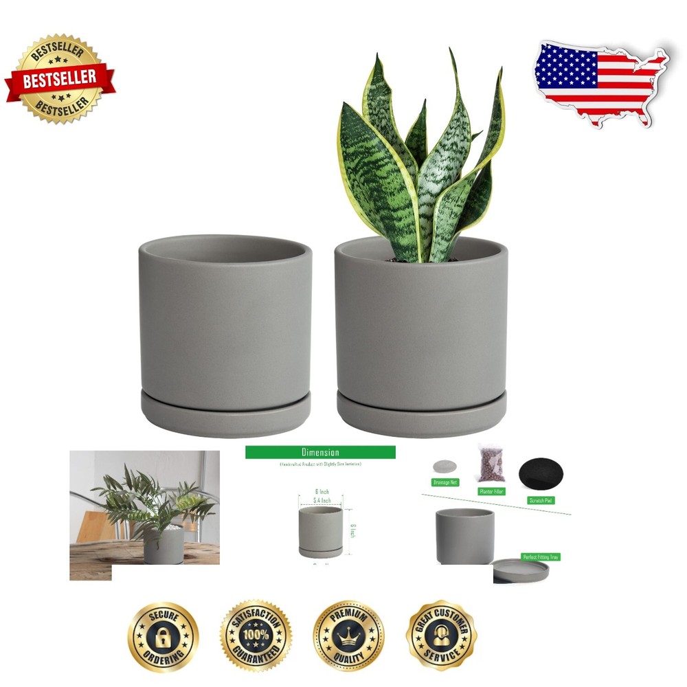 Minimalist Speckled Grey Ceramic Planters with Drainage & Mesh Nets - 2 Pieces