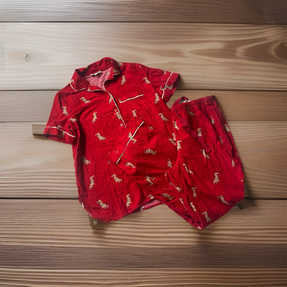 Loft Womens Small Red Christmas Dog Pajamas Holiday Sleepwear E1  