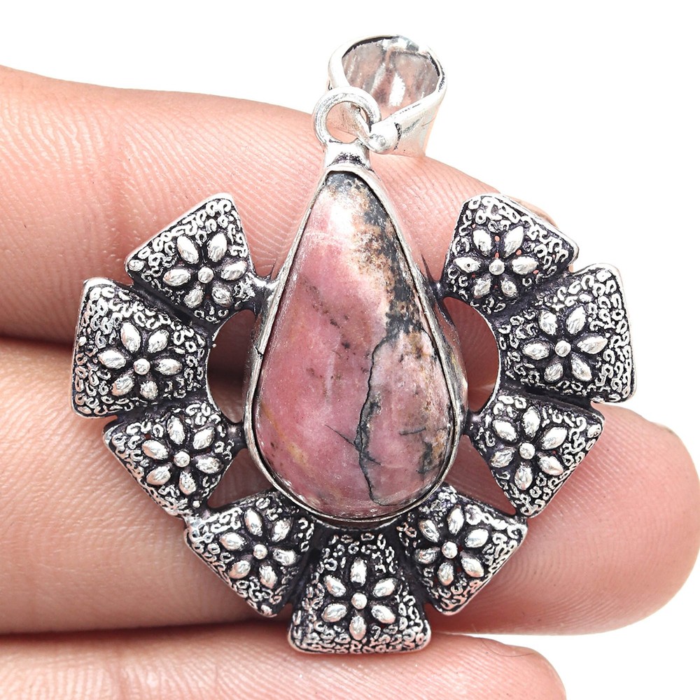 Rhodonite Gemstone Pendant in 925 Silver Handmade Jewelry Gift for Her 1.75 Inch