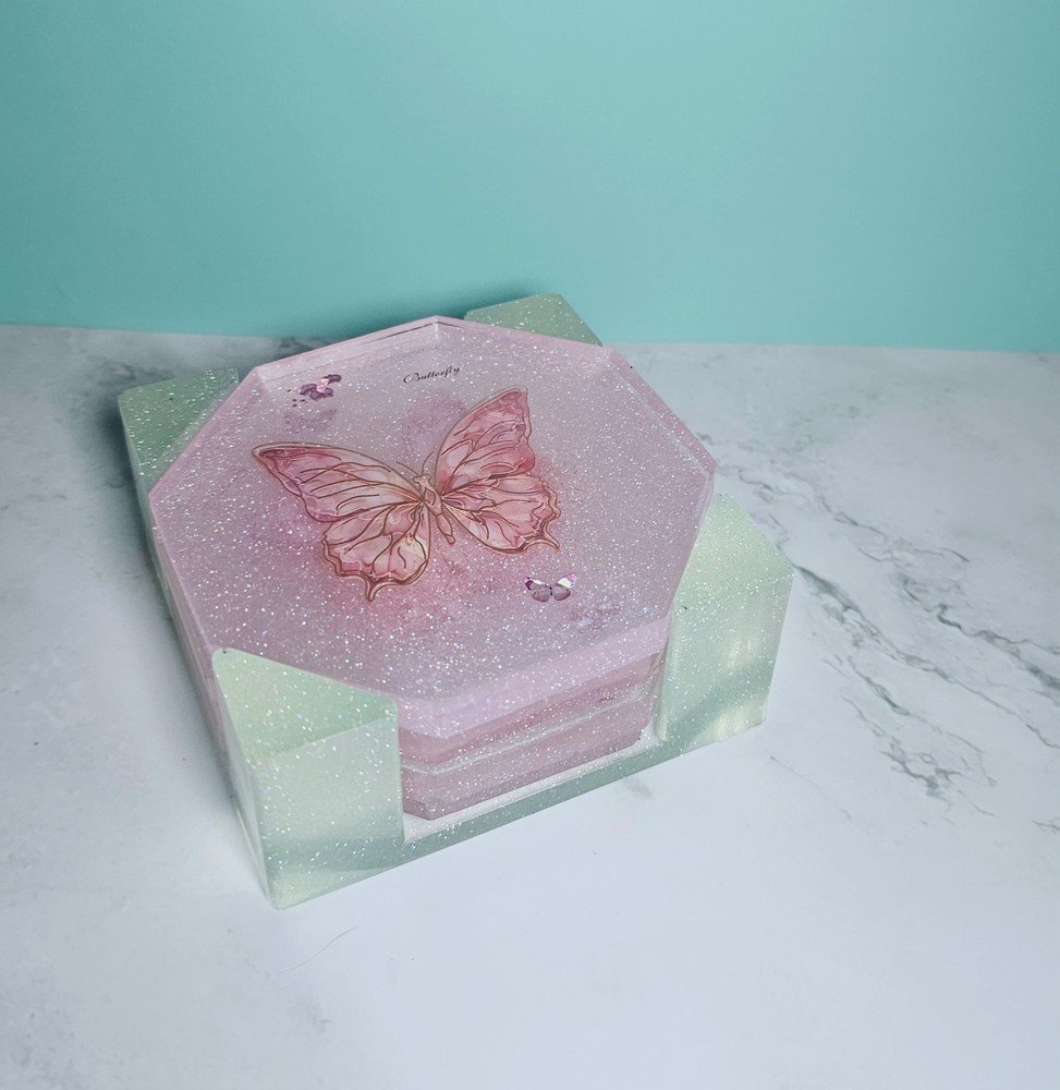 Pink Glitter Butterfly Handmade Square Coaster Set of 5