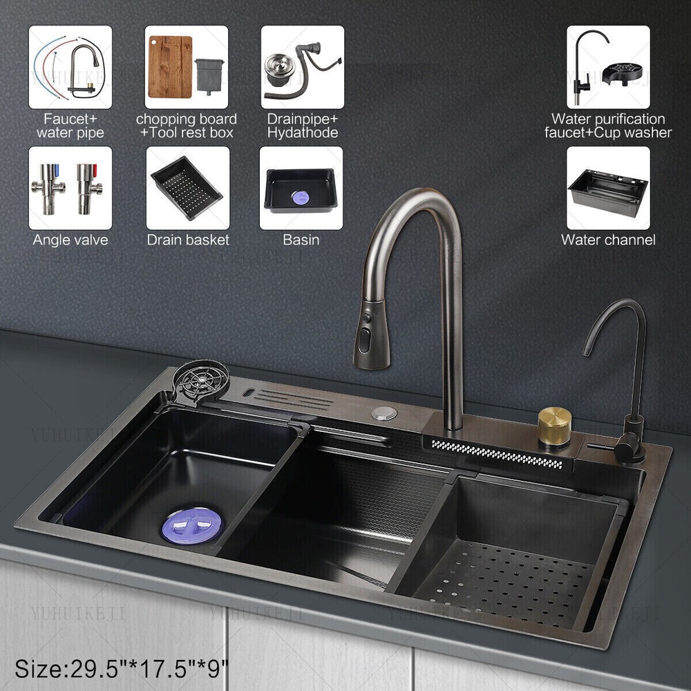 Flying Rain Stainles Steel Single Bowl Black Kitchen Sink Undermount 29.5 inch