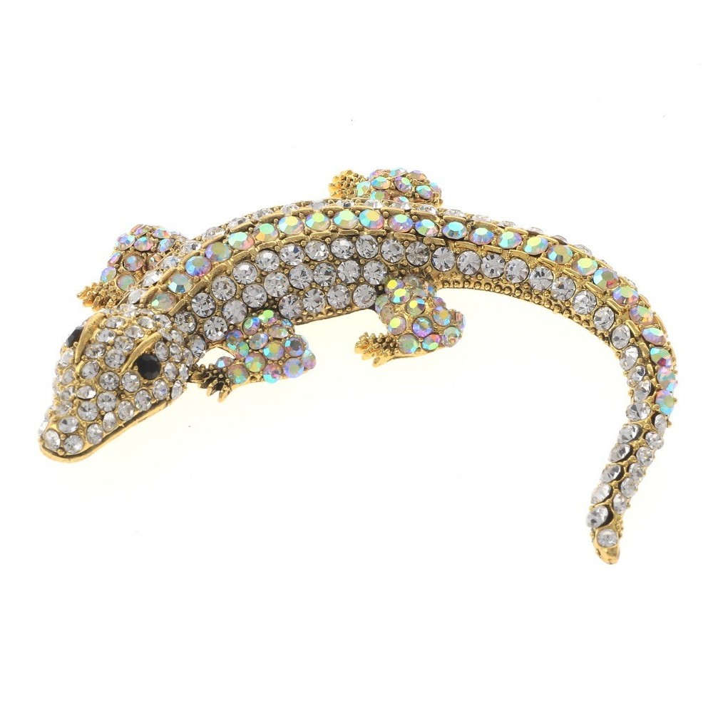 Gold Tone Metal Large Alligator Rhinestone Brooch P1247-GAB