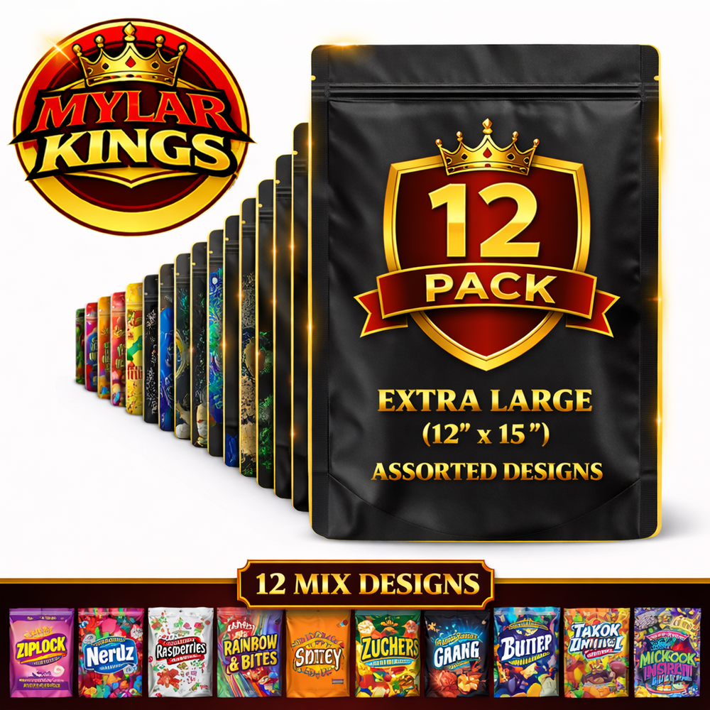 12 Pack XL Smell Proof Foil Storage Pouches 12” x 15” Mix Designs Zip Bags