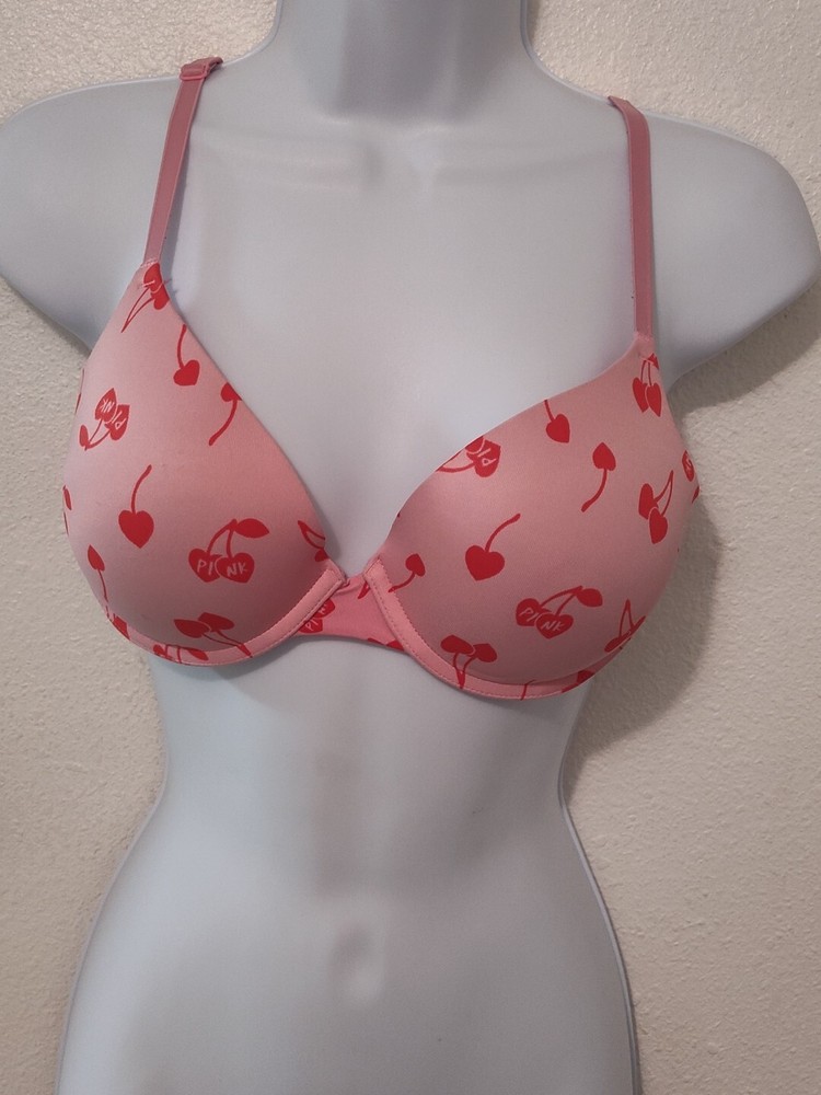 PINK Victoria’s Secret 36B Wireless Pushup Bra Padded Pink Red Cherry #2467