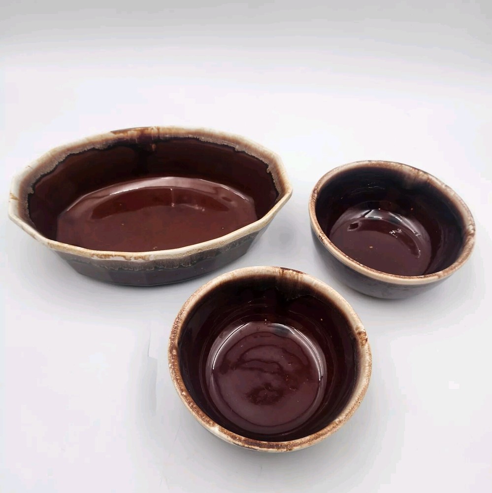 McCoy Pottery USA Brown Drip Glaze Casserole Dish & 2 Bowls Vintage Mid-Century
