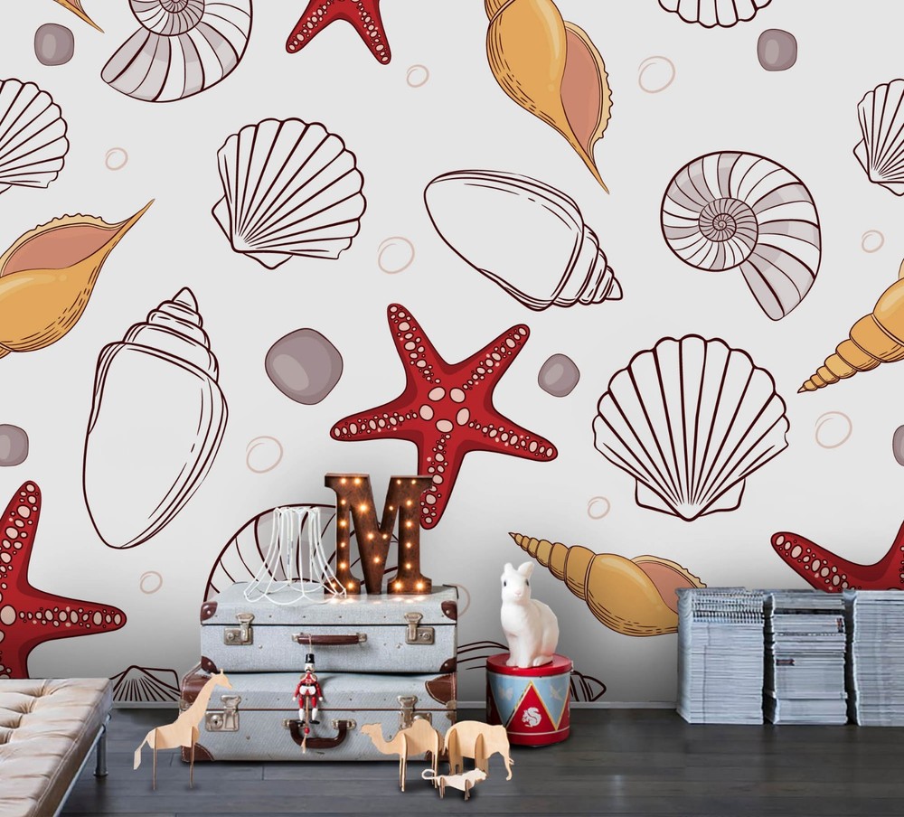 3D Seashell Starfish Pattern Wall Murals Wallpaper Murals Wall Sticker
