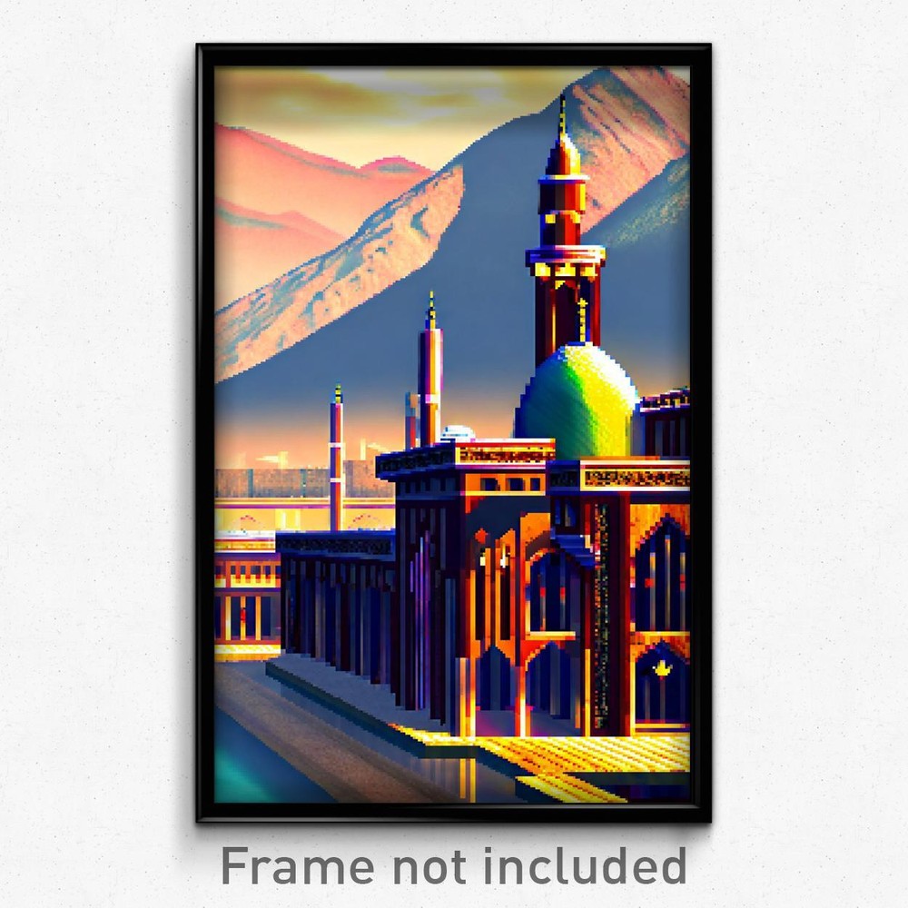 8 Bit Pixel Art Mosque Mountain Poster - Psychedelic Video Game Print