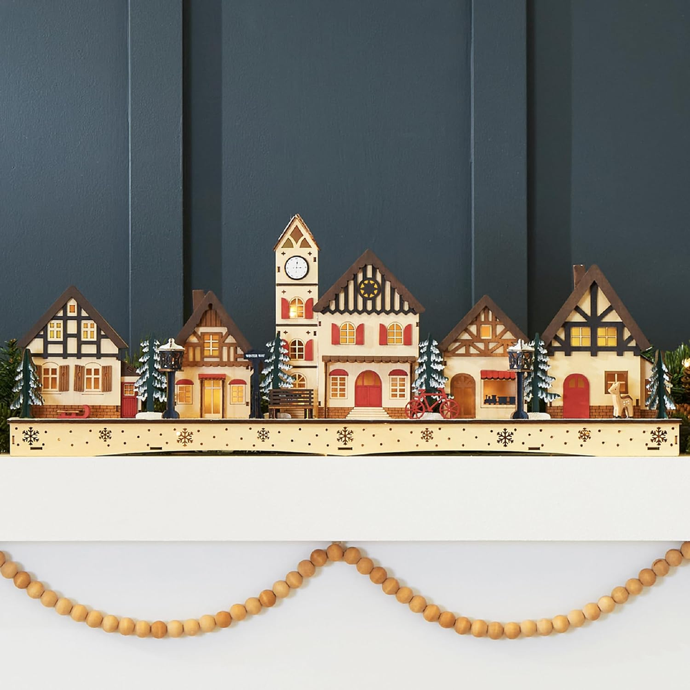 Pre-Lit Wooden Christmas Village Set for Winter Mantel and Traditional Holiday Decor