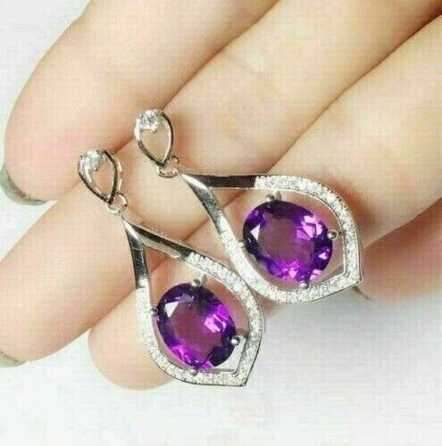 Oval Cut Simulated Amethyst Gorgeous Drop Dangle Earring 14k White Gold Plated
