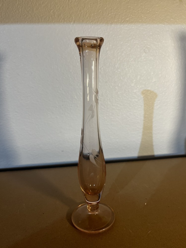 Vintage Pink Depression Glass Etched Swung Bud Vase Floral Design  