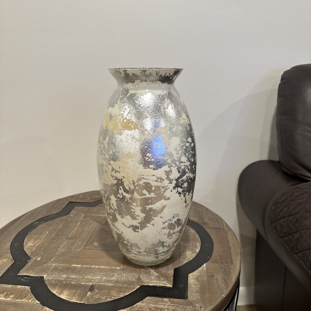 Vintage Mercury Glass Vase with Silver Gold Distressed Foil Finish