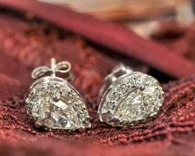 2Ct Pear Cut Lab Diamond Stud Earrings in 14k White Gold Plated