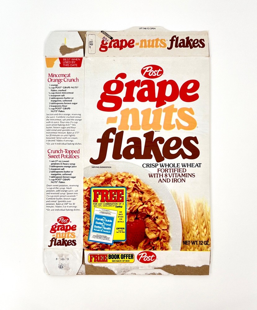 Vintage 1979 Post Grape Nuts Flakes Cereal Box Free Book Offer Advertising