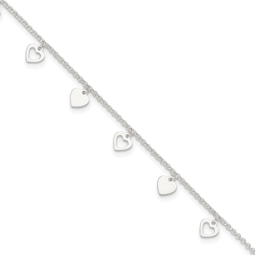925 Sterling Silver Polished Hearts Anklet 9