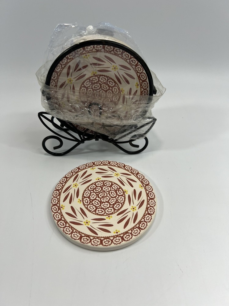 Temptations Old World Cranberry Set  Of Four Coasters  Stand Rack Temptations