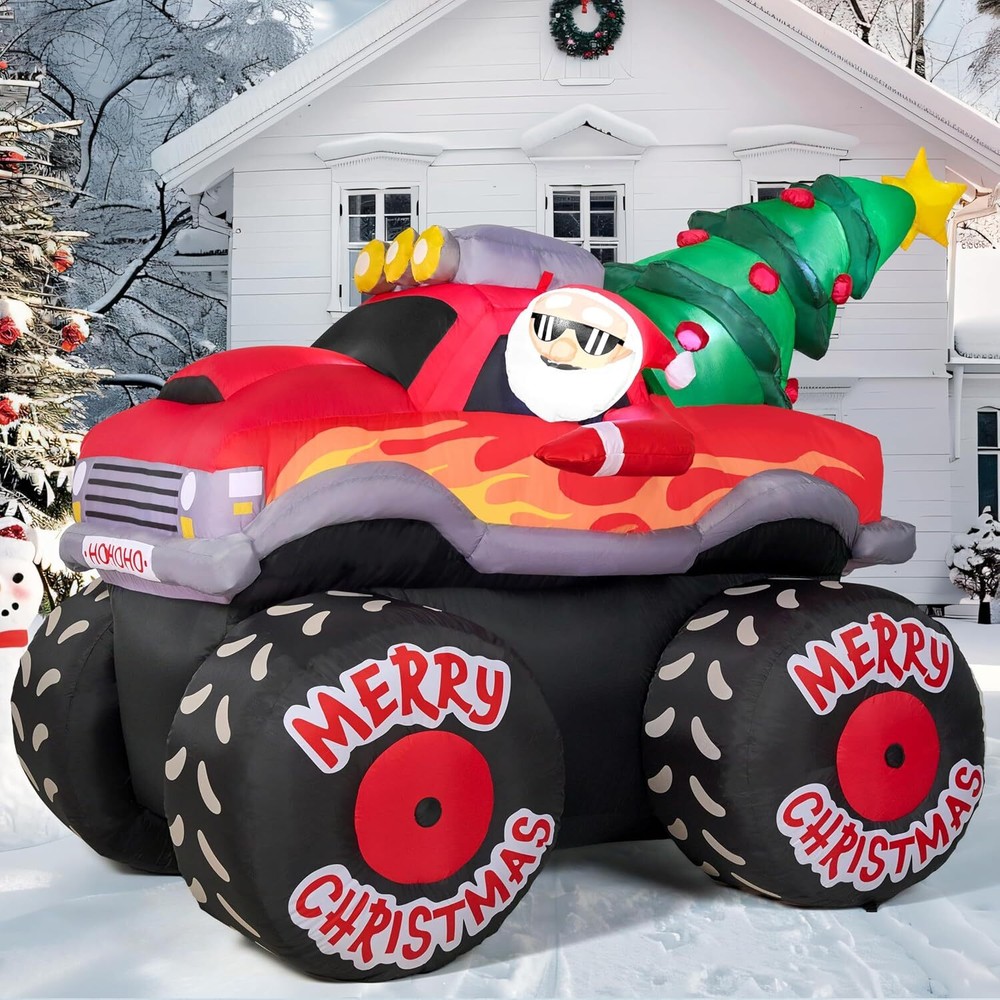 Camión inflable de Navidad de 7 pies de largo para conducir Papá Noel con árbol de Navidad, explota