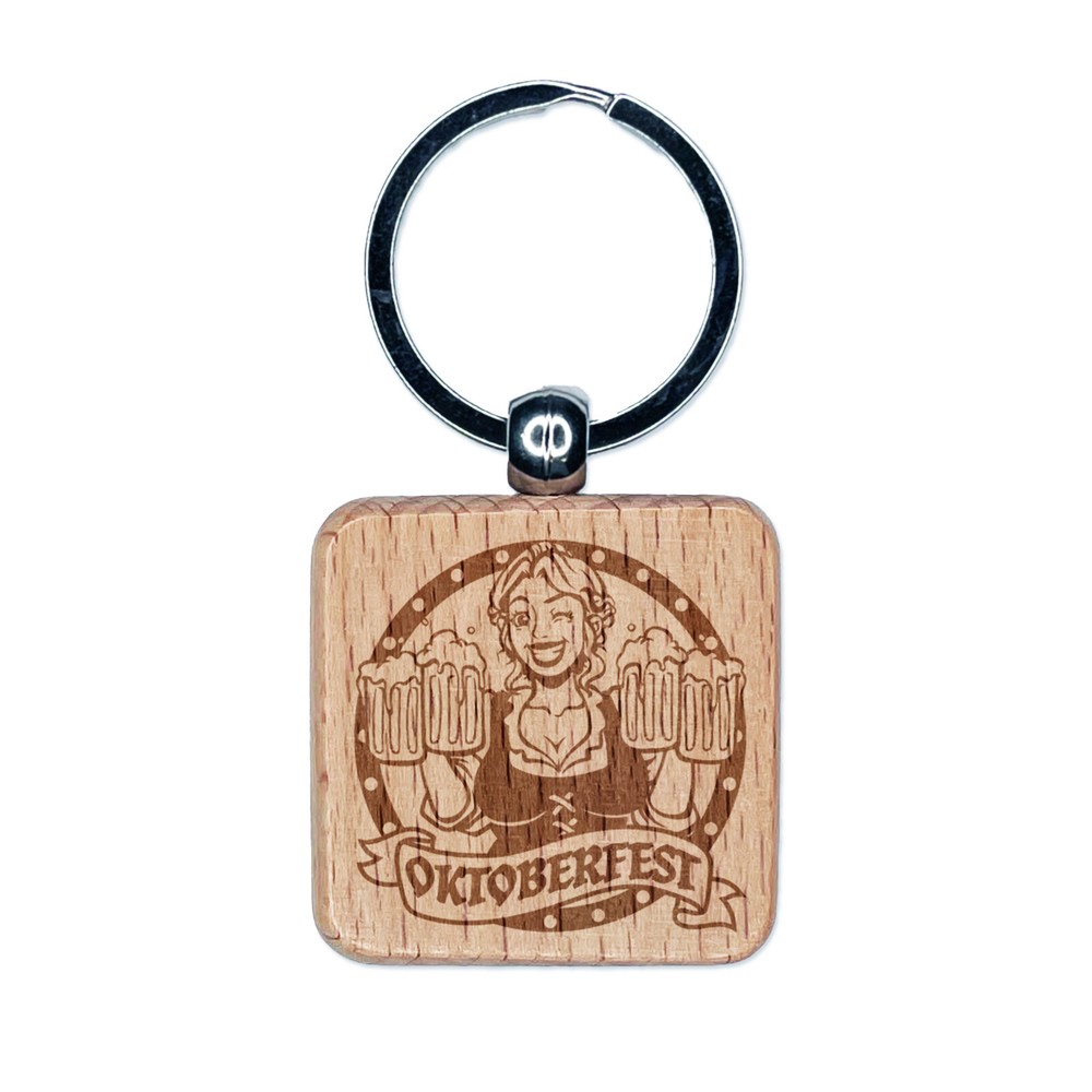 Oktoberfest German Maiden Beer Stein Engraved Wood Keychain