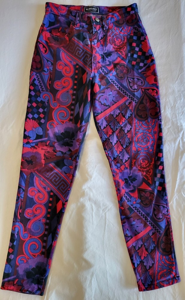 Versace Jeans Couture Purple Baroque Pants Women's Size 30 Vintage Made In Italy