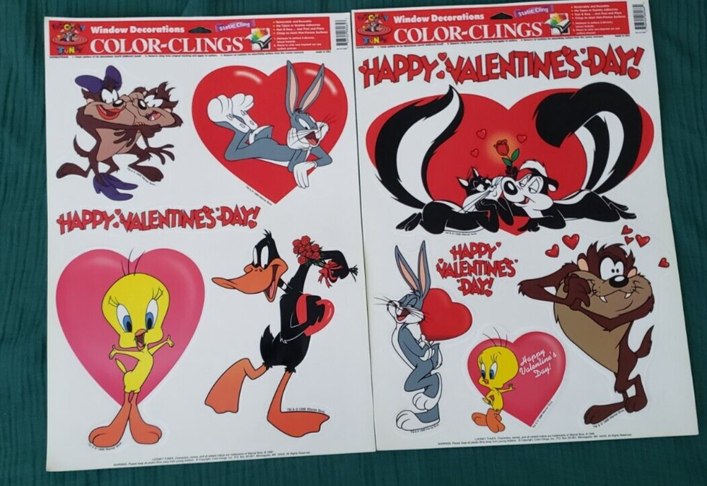 Vintage 1996 Looney Tunes Valentine's Static Cling Window Decorations Lot of 2