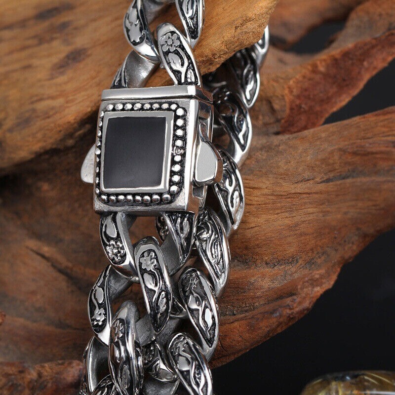 Vintage titanium steel hip hop rose set with black stone button bracelet for men