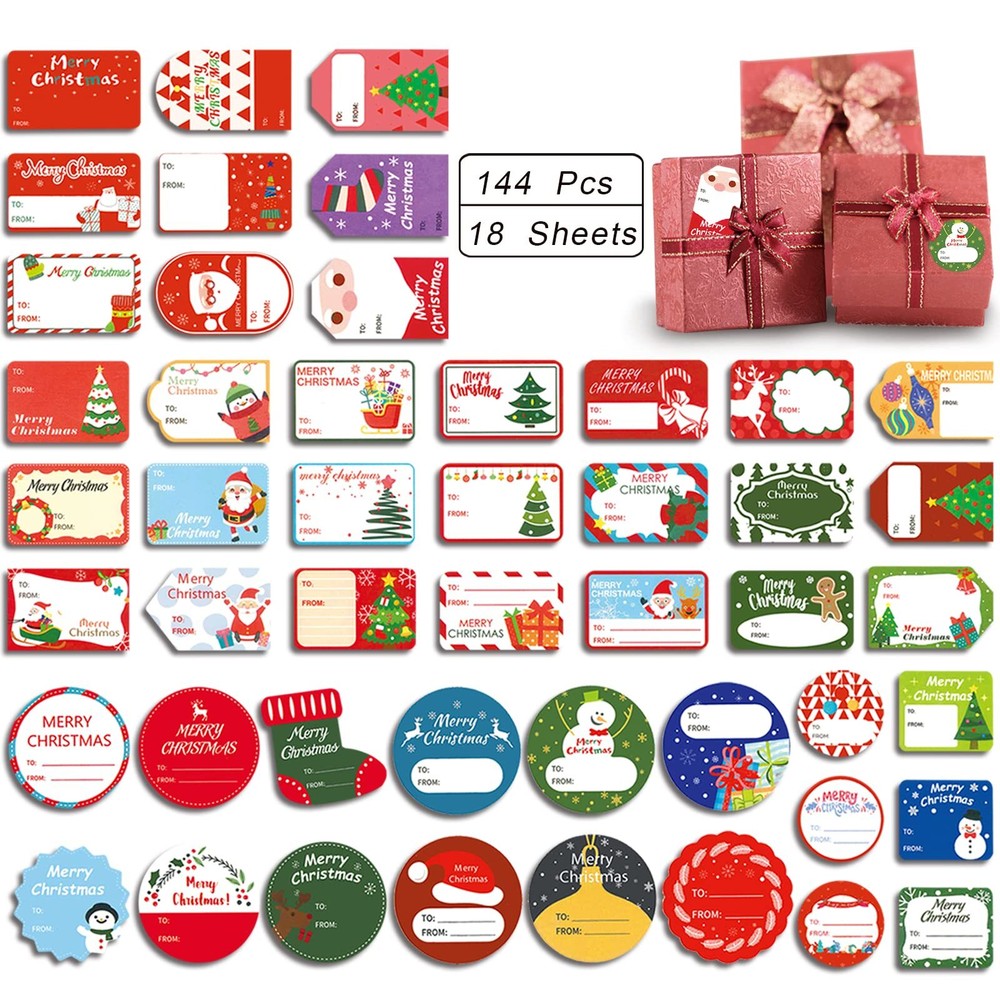 144 Pcs Christmas Gift Tags Christmas Self Adhesive Gift Tag Stickers Holiday...