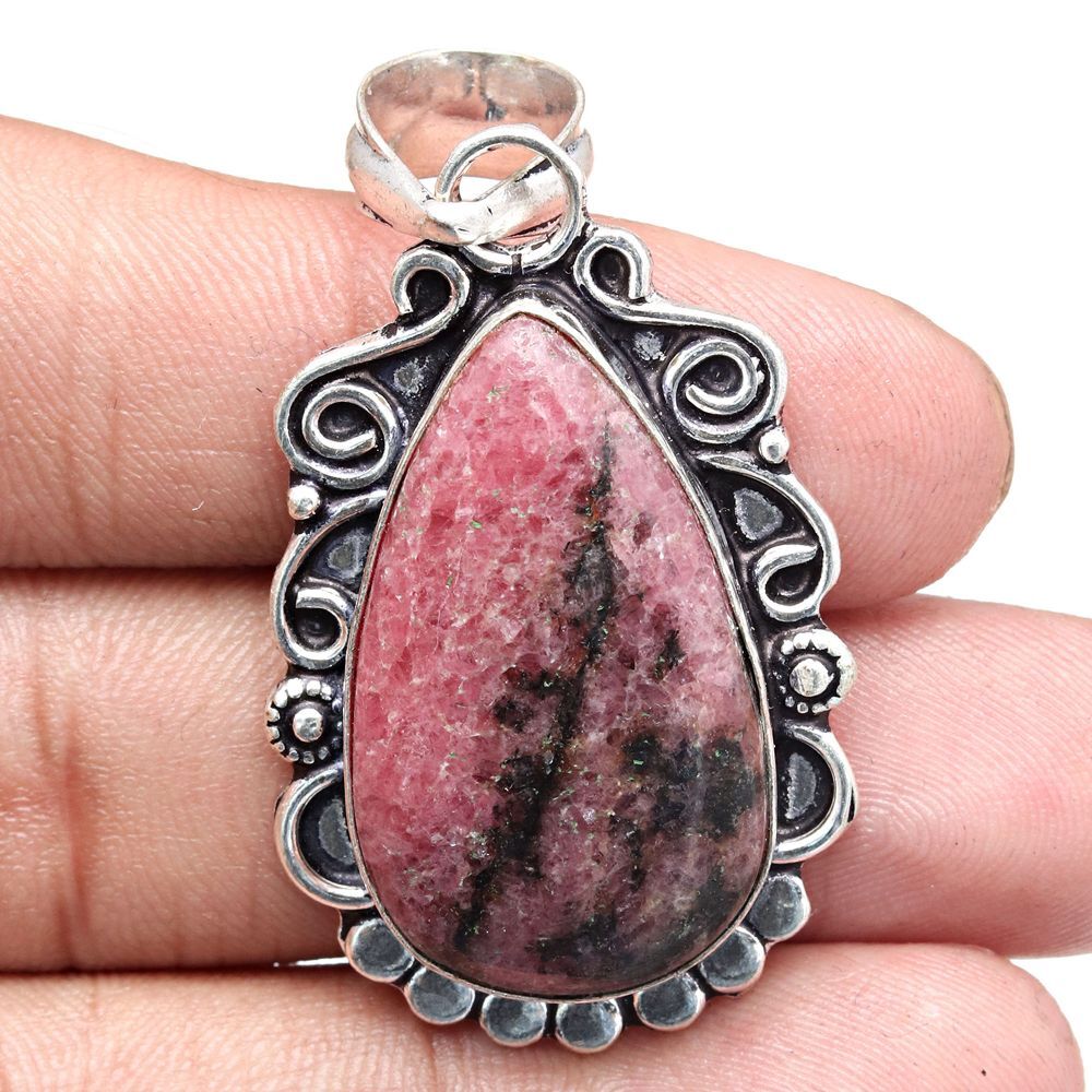 Rhodonite Gemstone Silver Pendant Necklace Gift for Women 2 Inch