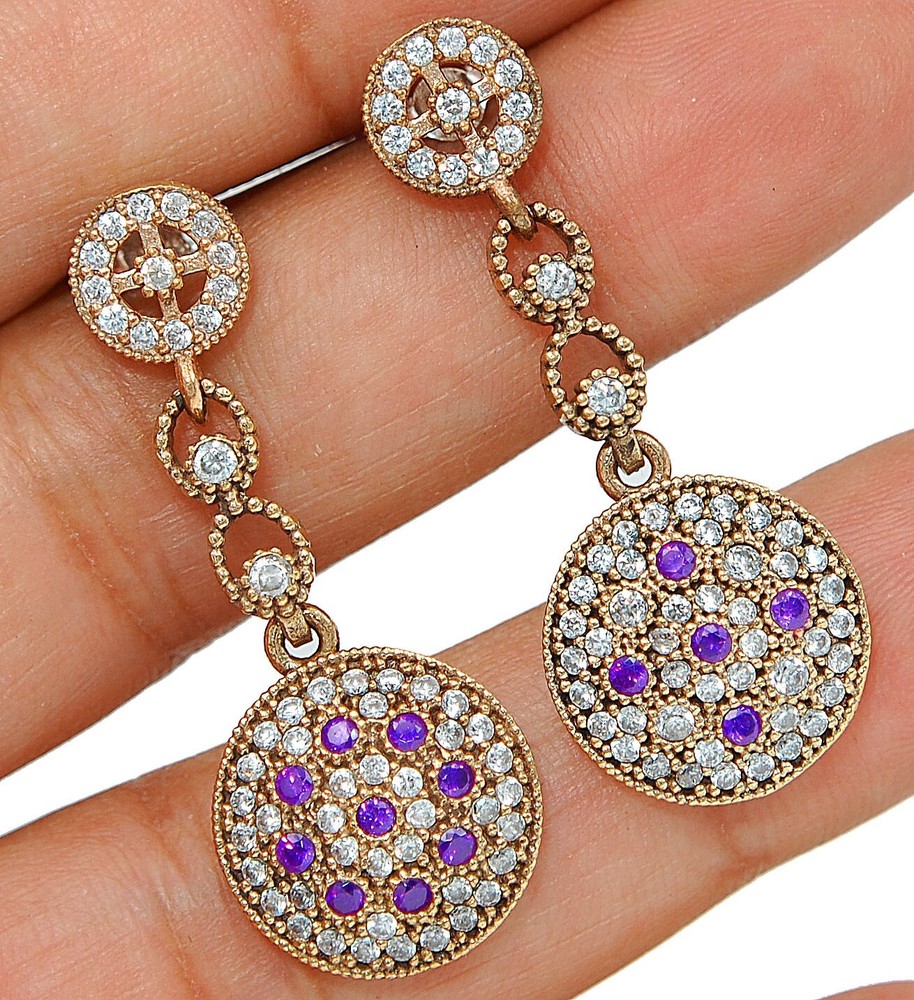 Ottoman Empire Style 6CT Amethyst Topaz 925 Sterling Silver Dangle Earrings TE3498  