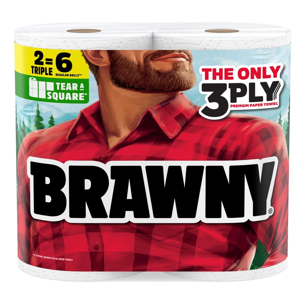 Brawny Tear-A-Square 3-Ply Paper Towels, 2 Triple Rolls 2 Rolls, White
