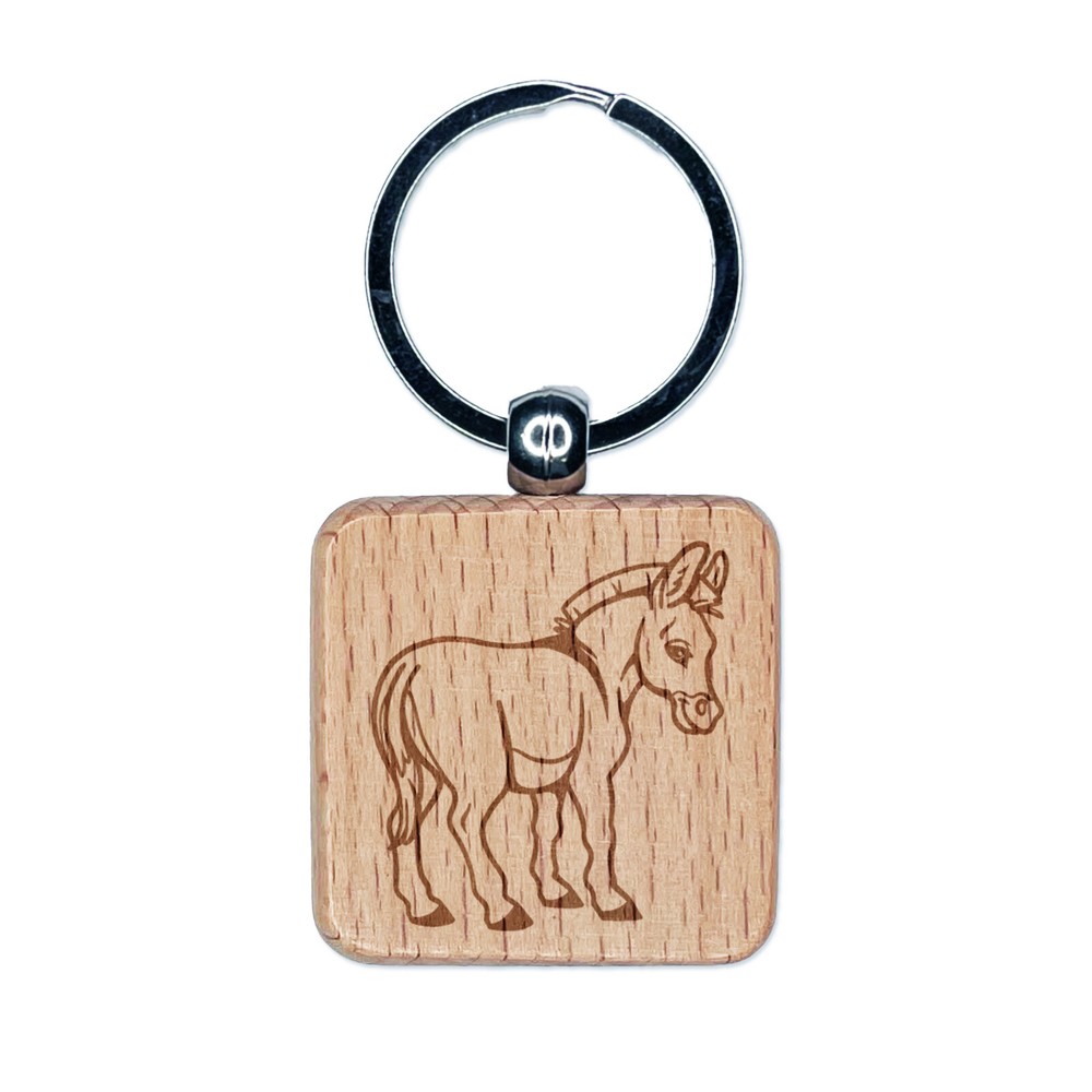 Donkey Looking Back Engraved Wooden Square Keychain Charm Tag  
