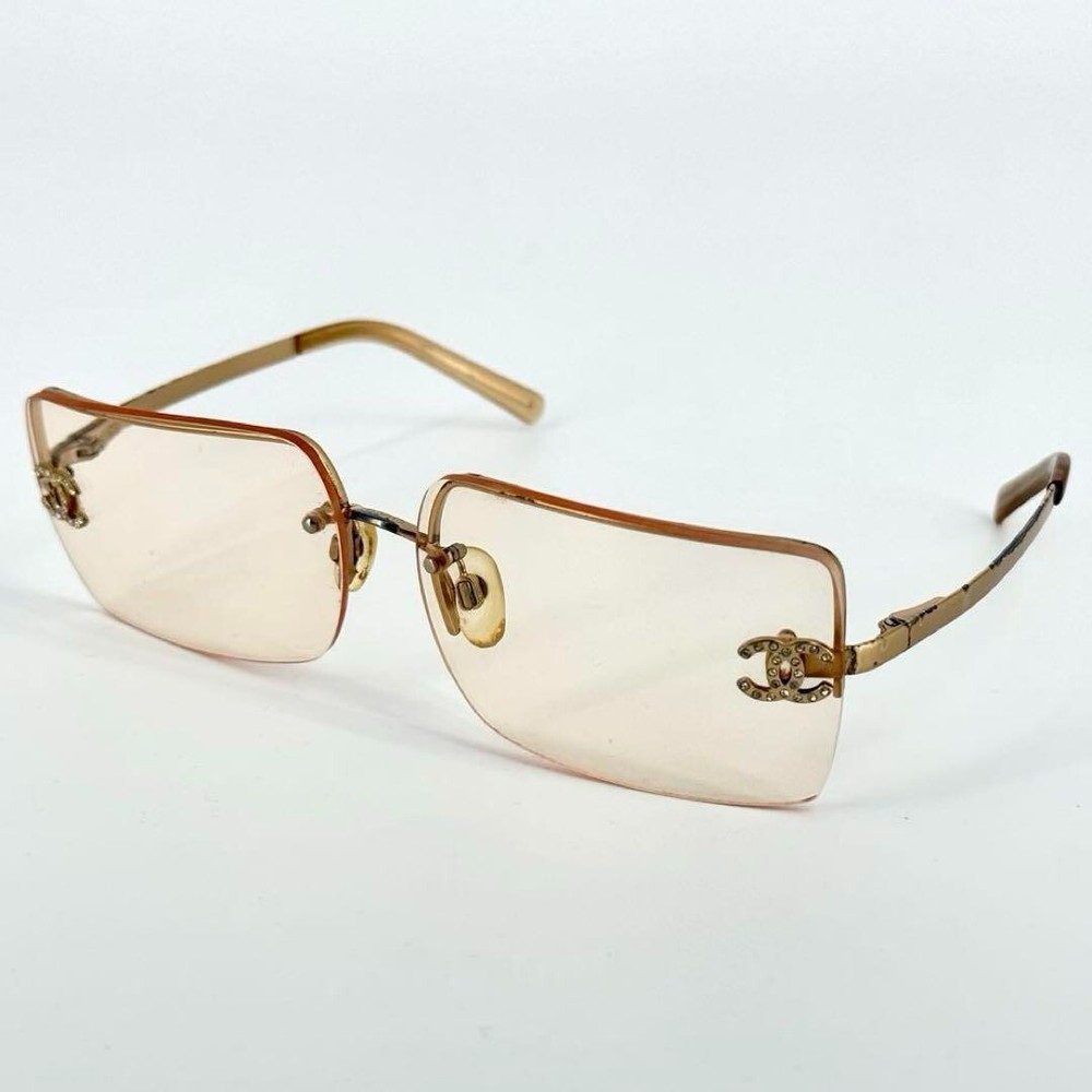 CHANEL 4092-B Rimless Sunglasses Gold Frame Brown Lens with Rhinestone Logo