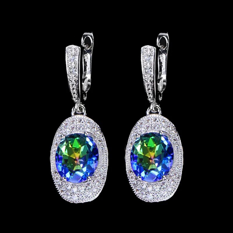 Silver Plated Oval Rainbow Fire Light Blue Crystal Drop Huggie Earrings
