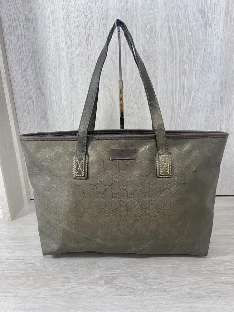 Gucci GG Imprint Leather Tote Bag with Logo Plate in Khaki Brown